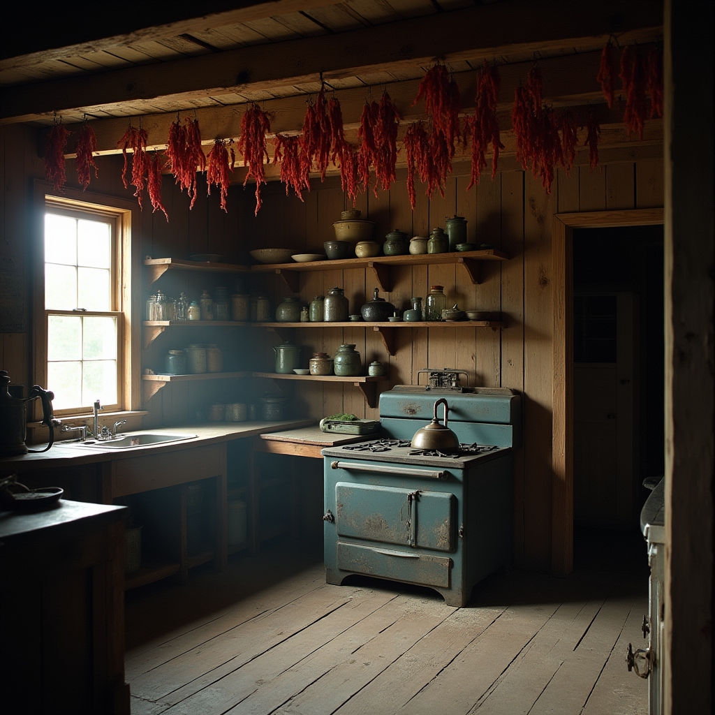 A weathered Appalachian farmhouse kitchen with strings of dried peppers and jars lined along open wooden shelves