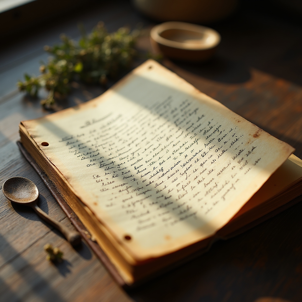 A worn handwritten recipe notebook with faded ink sitting open on a wooden kitchen table beside dried herbs
