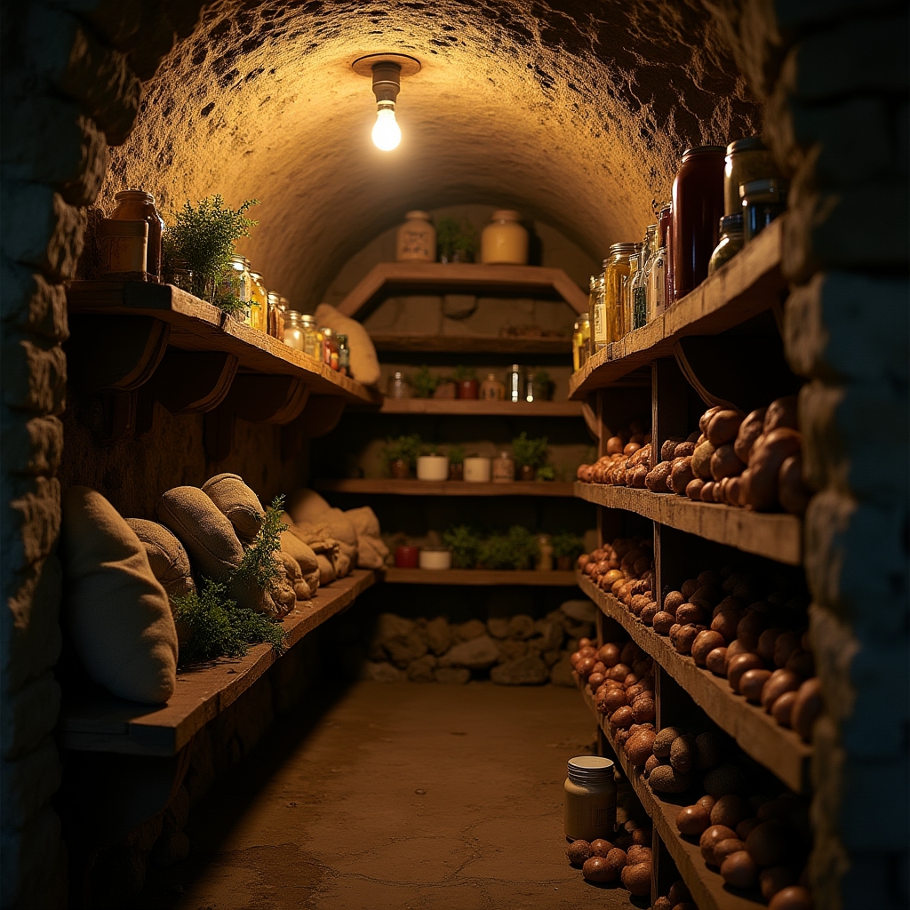 A cool stone root cellar lined with wooden shelves holding jars, dried herbs, and stored root vegetables