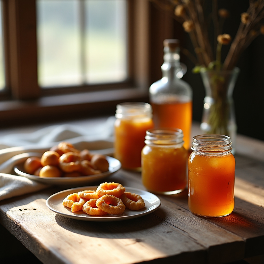 A New England farmhouse table spread with jars of preserves, dried apples, and maple syrup jugs near a window