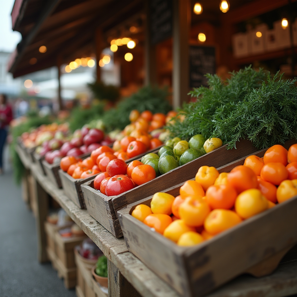 A farmers market stall with wooden crates of seasonal squash, peppers, and apples arranged for sale