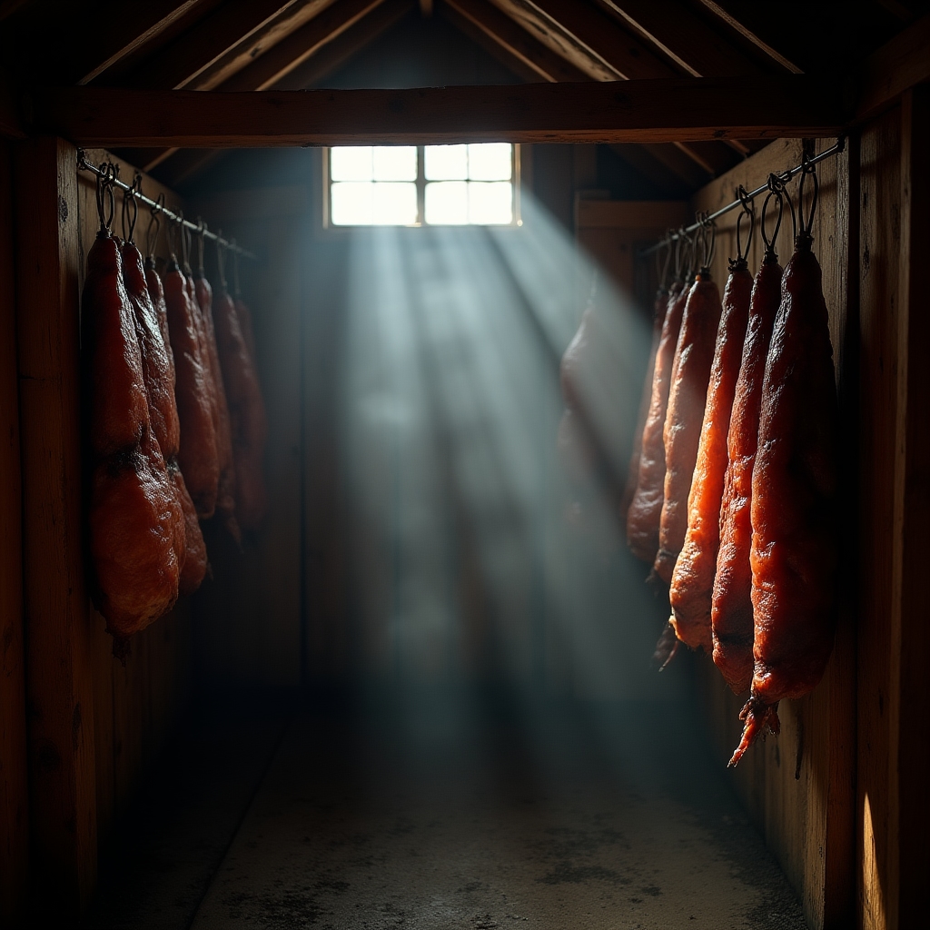 Wooden smokehouse shed with hanging cured meats and gentle smoke filtering through slats of light